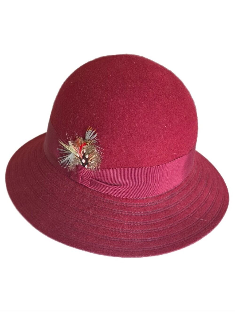 Vintage Betmar Womens Cloche Hat with Feather Trim - Burgundy